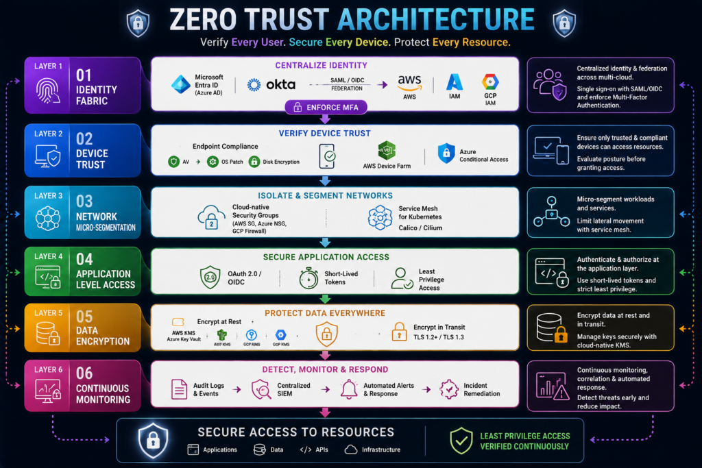 Zero Trust architecture flowchart with 6 layers: Identity Fabric, Device Trust, Network Micro-Segmentation, Application Access, Data Encryption, and Continuous Monitoring for multi-cloud security