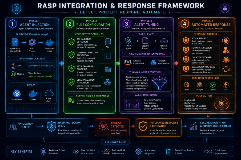 Flowchart diagram of Runtime Application Self-Protection (RASP) with 4 phases: Agent Injection, Rule Configuration, Alert Tuning, and Automated Response for cloud containers.