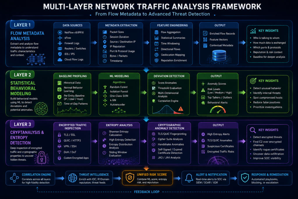 Diagram of advanced Intrusion Detection System (IDS) for encrypted traffic showing 3 analysis layers: Flow Metadata, Behavioral Modeling, and Cryptanalysis for network security