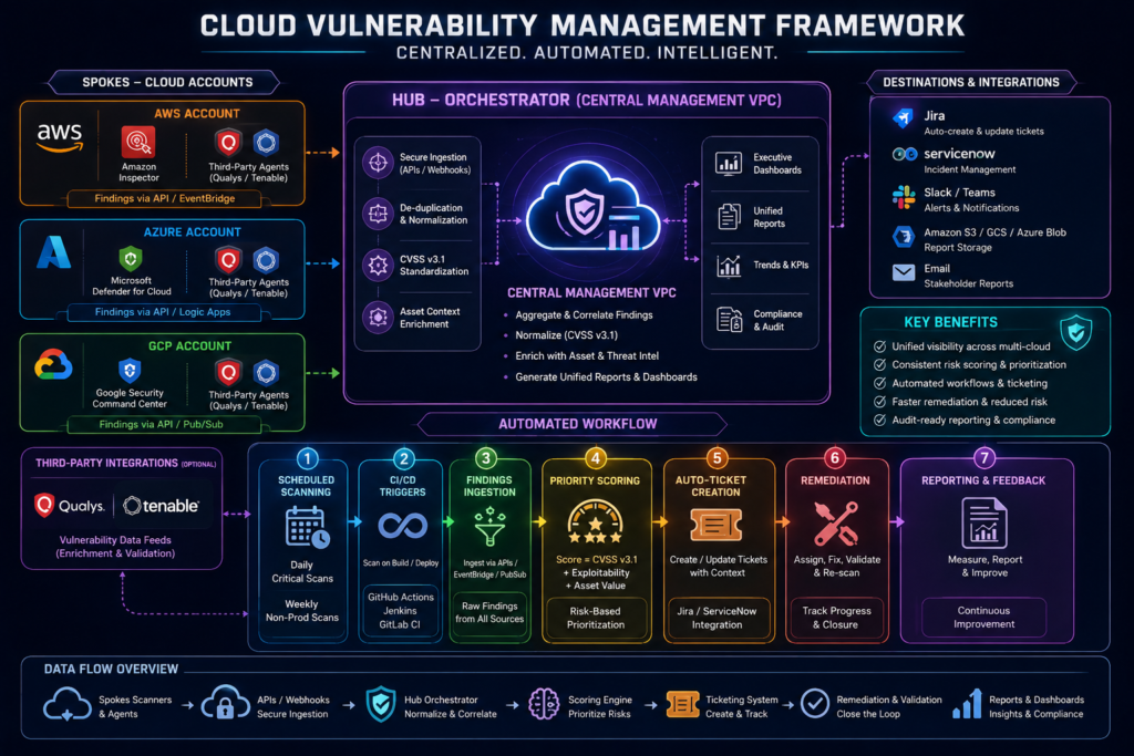 Cross-cloud vulnerability management architecture diagram with central Hub orchestrator, AWS/Azure/GCP spokes, automated scanning, and remediation workflow phases.