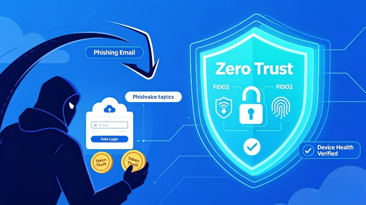 The Evolution of Cloud Phishing: illustration showing how modern phishing tactics including deceptive emails, fake cloud login portals, and session token theft are stopped by Zero Trust account protection using phish-resistant FIDO2 authentication, identity checks, and device health validation.