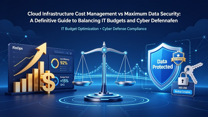 Cloud Infrastructure Cost Management vs Maximum Data Security: illustration demonstrating how to balance IT budget control, cloud spending optimization, and FinOps practices with robust data protection, encryption, threat defense, and regulatory compliance requirements.