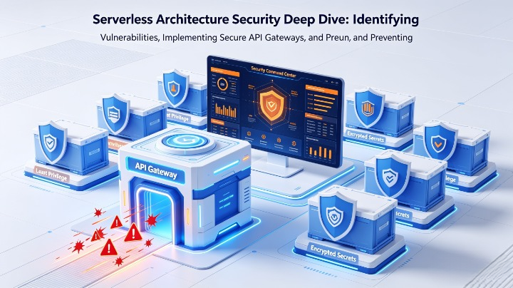 Serverless Architecture Security Deep Dive: Identifying Vulnerabilities, Implementing Secure API Gateways, and Preventing Lambda Function Exploitation — illustration of cloud-native security controls, threat protection, least privilege access, and secure event-driven workflows for FaaS environments.