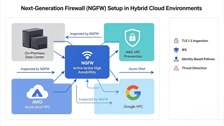 Next-Generation Firewall (NGFW) Setup in Hybrid Cloud Environments: step-by-step engineering guide illustration showing secure traffic routing, deep packet inspection, intrusion prevention, and multi-cloud connectivity between on-premises infrastructure and public cloud platforms.