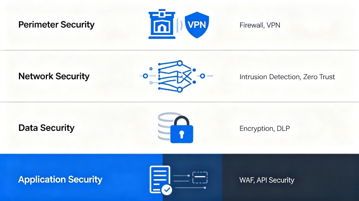 Multi-layered cloud security defense architecture diagram — showing seven defensive layers from external edge inward, cross-region multi-cloud coverage, and Zero Trust verification flows
