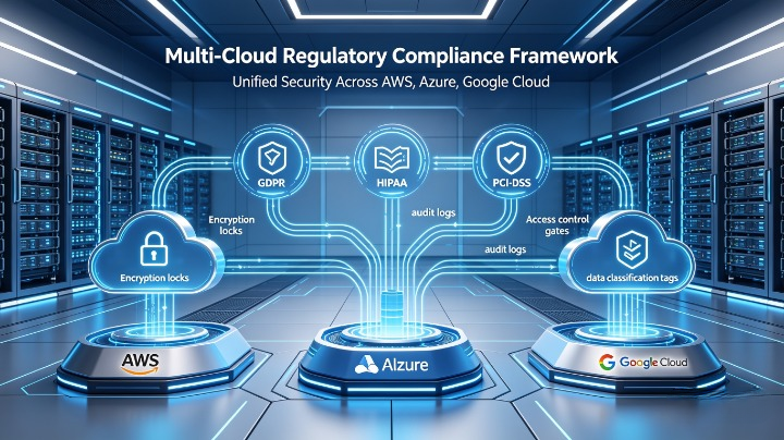 Multi-cloud regulatory compliance diagram showing GDPR, HIPAA, and PCI-DSS security controls applied consistently across AWS, Azure, and Google Cloud environments