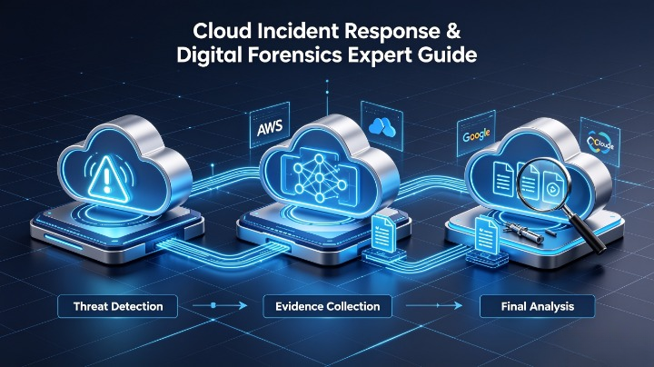 Cloud incident response and digital forensics diagram showing detection, network isolation, evidence collection, and breach analysis across AWS, Azure, and Google Cloud environments