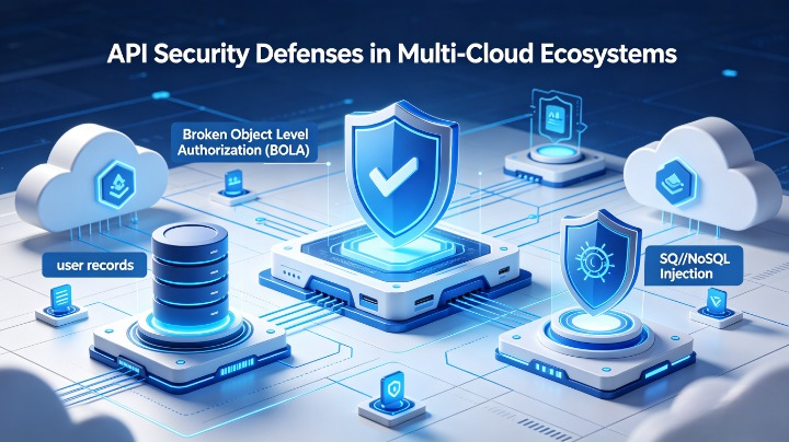 API security defense diagram showing protection against Broken Object Level Authorization (BOLA) and injection vulnerabilities across cloud API gateways, microservices, and databases