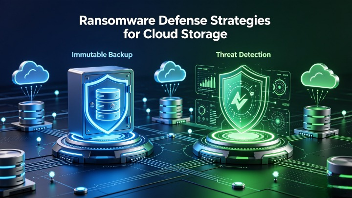 Cloud ransomware defense diagram showing immutable backups, automated threat detection, and protected cloud storage across AWS, Azure, and Google Cloud
