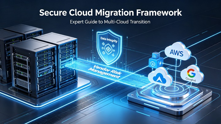 Secure cloud migration framework diagram showing third-party vendor risk management, cryptographic data integrity validation, and secure transition from legacy systems to multi-cloud environments