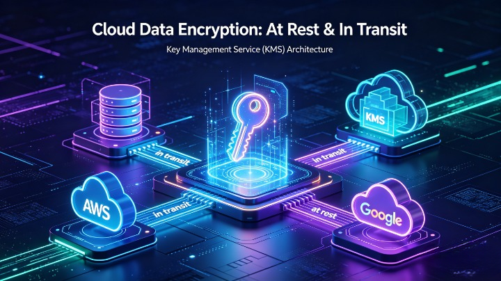 Cloud data encryption at rest and in transit diagram showing Key Management Service (KMS) architecture, envelope encryption, and secure data protection across AWS, Azure, and Google Cloud
