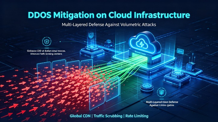 DDoS mitigation diagram showing advanced traffic scrubbing, rate limiting, and CDN defense layers protecting cloud infrastructure from volumetric and application-layer attacks