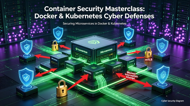 Container security masterclass diagram showing Docker and Kubernetes hardening, encrypted microservice communication, network policies, and interception prevention controls