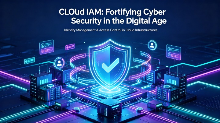 Cloud Identity and Access Management (IAM) security diagram showing shield protection against credential stuffing attacks and privilege escalation threats across AWS, Azure, and Google Cloud platforms